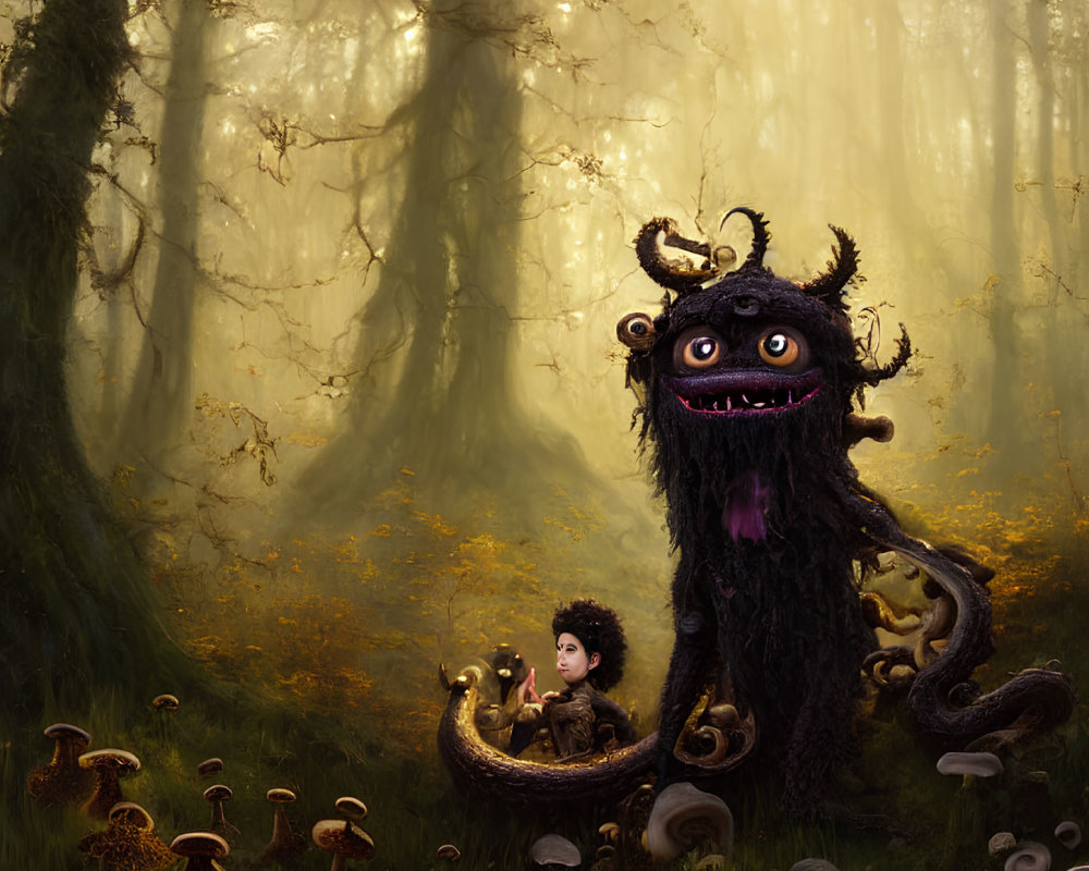 Illustration of child and furry creature in mystical forest with mushrooms and light beams.