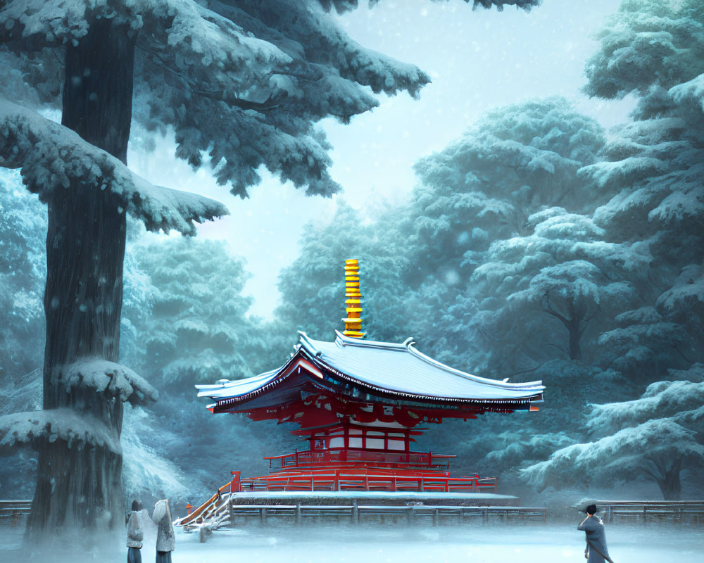 Snow-covered winter landscape with red pagoda and figures sweeping snow