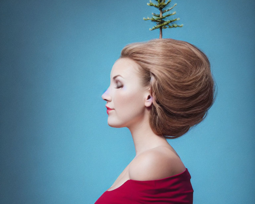 Woman in Red Dress with Pine Tree Hair in Blue Background