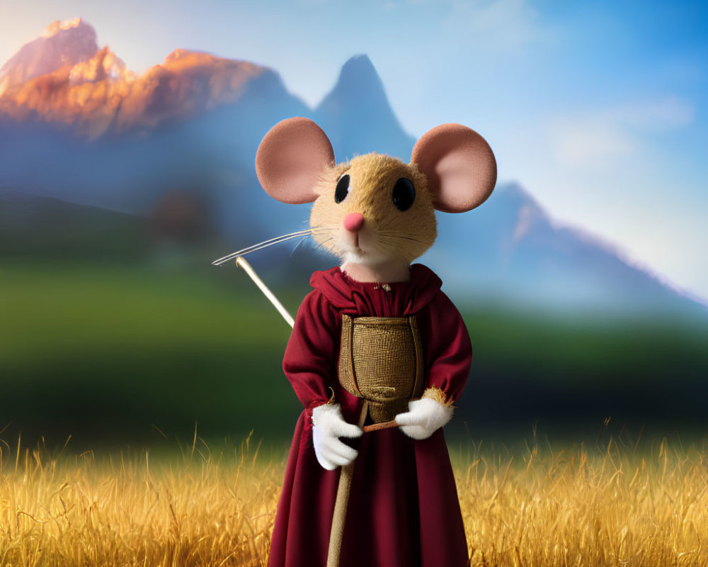 Mouse in red cloak with sword in mountain field