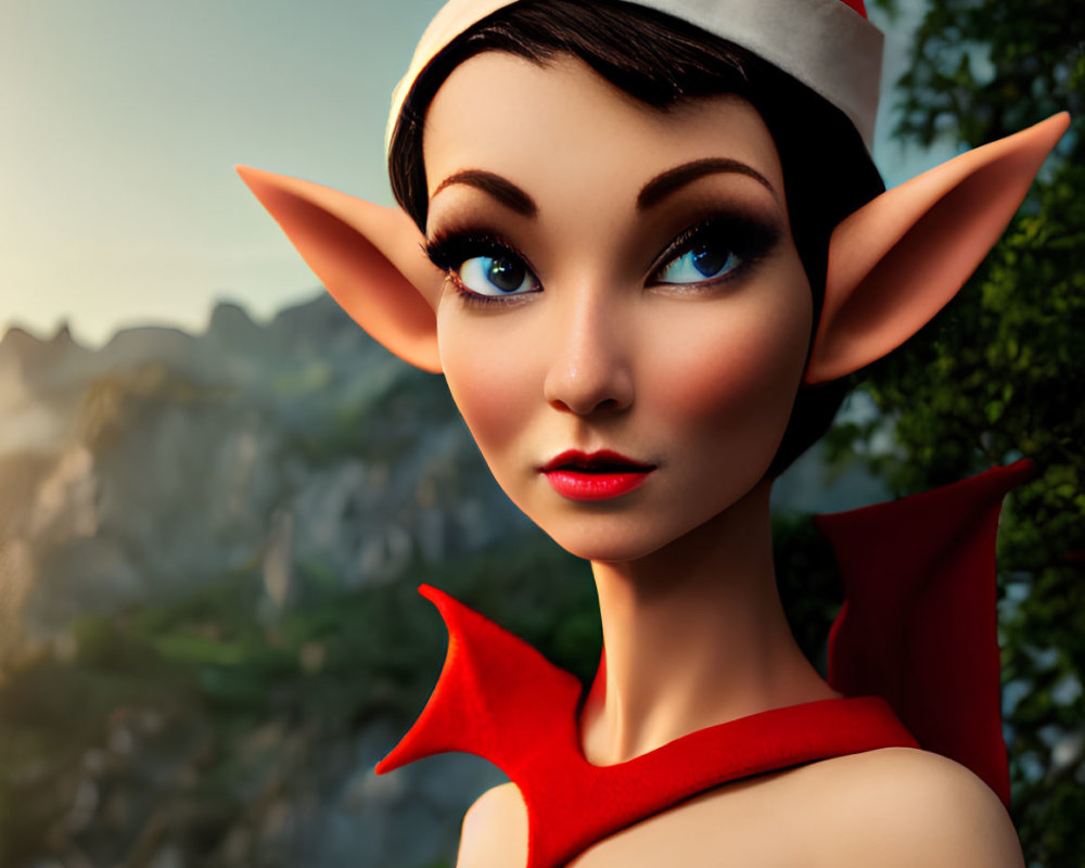 Female Elf with Large Pointed Ears and Red Hat in Mountain Setting