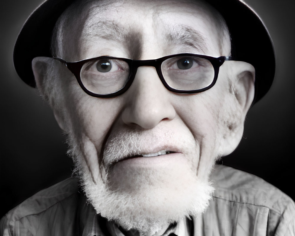 Elderly man with glasses, white beard, and hat in black and white portrait