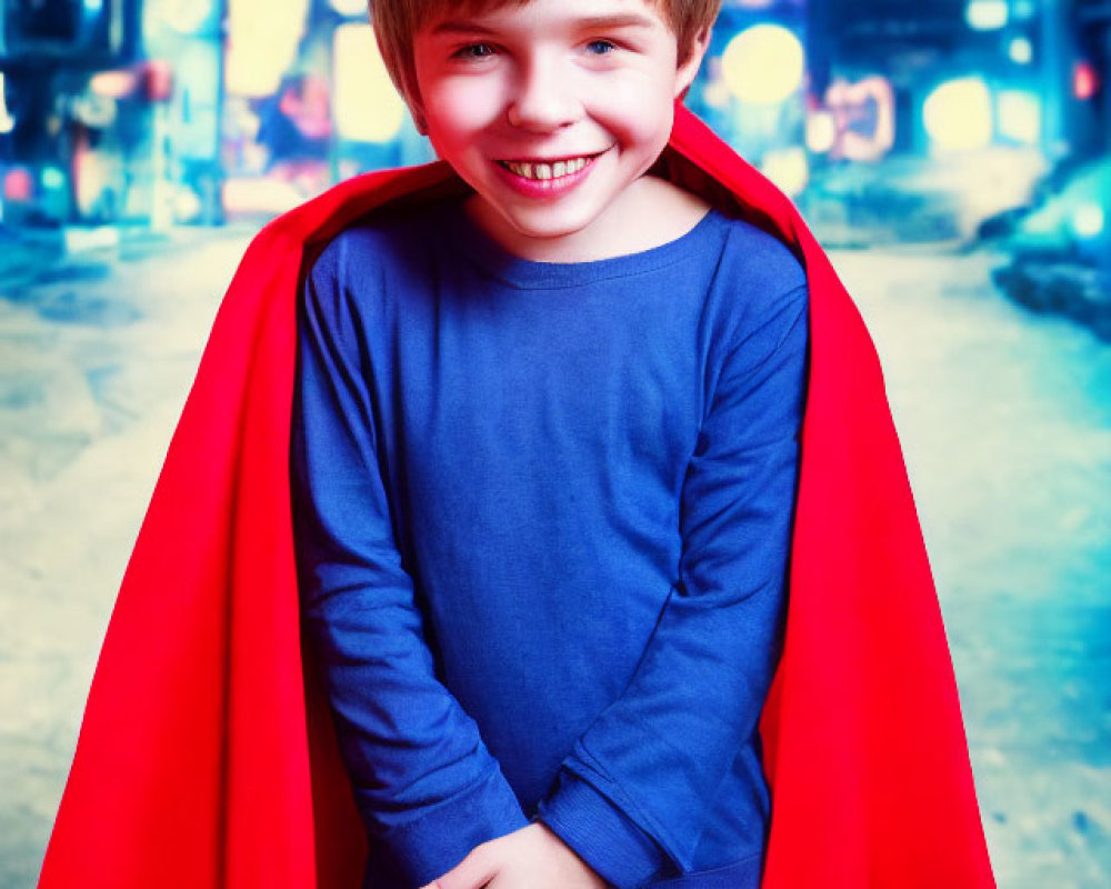 Smiling boy in red cape and blue shirt against cityscape