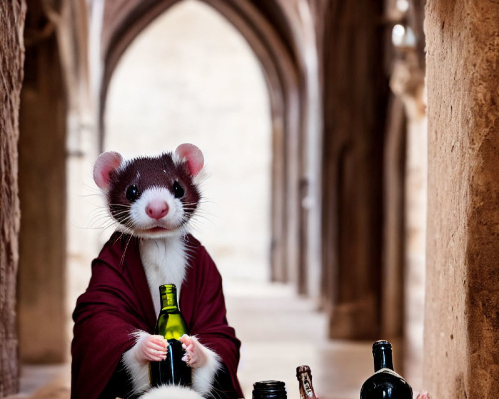 Ferret in Red Cloak with Green Bottle in Stone Corridor