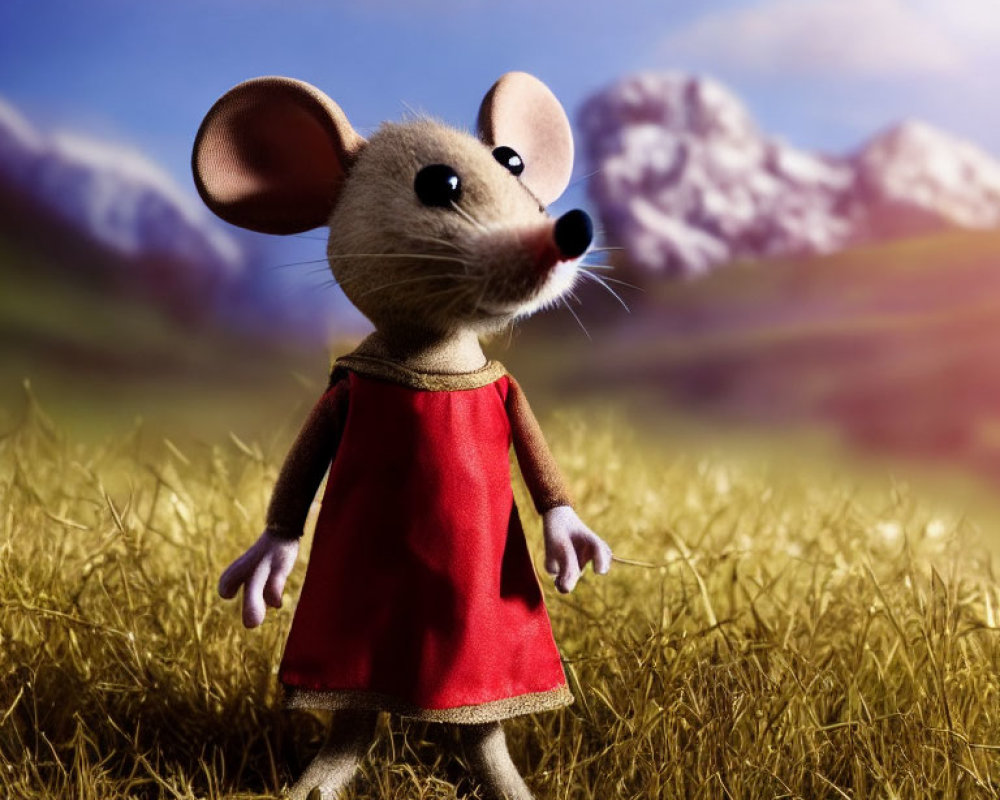 Animated mouse in red dress in grassy field with mountains - sense of adventure