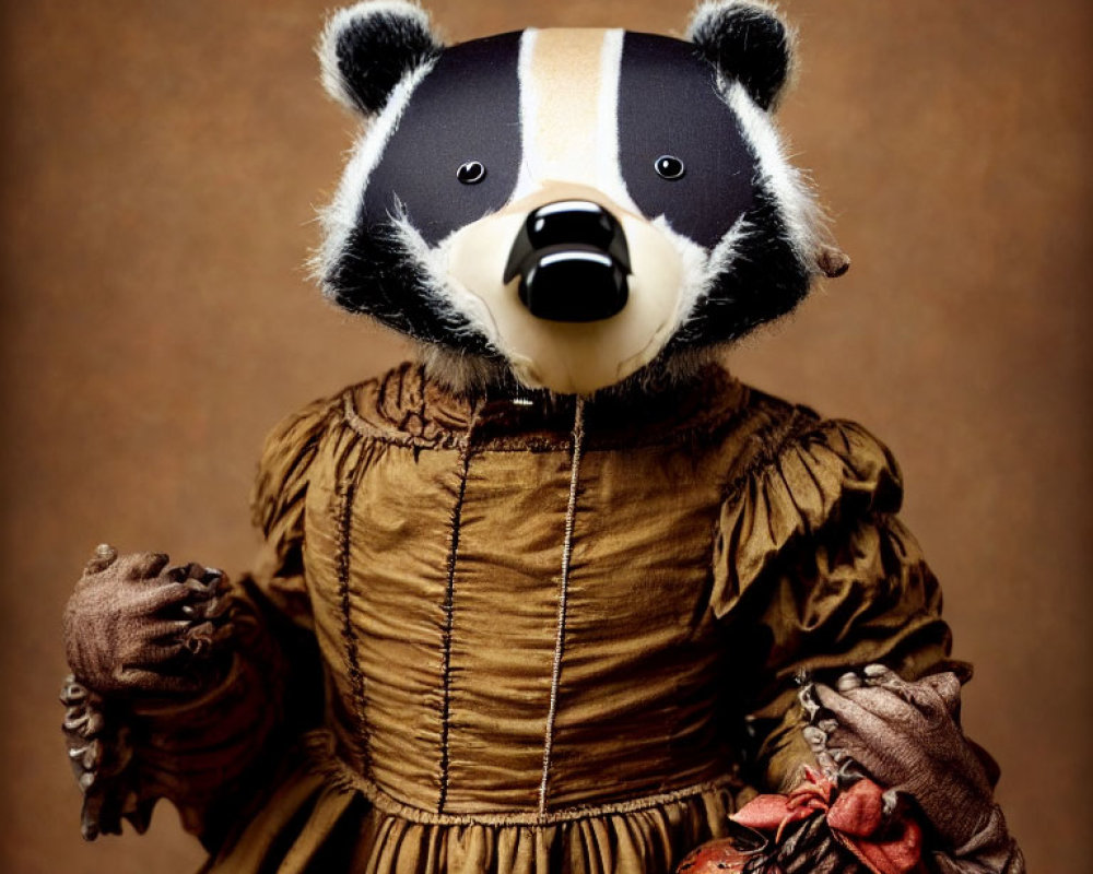 Whimsical portrait of person in vintage outfit with badger mask and pomegranate