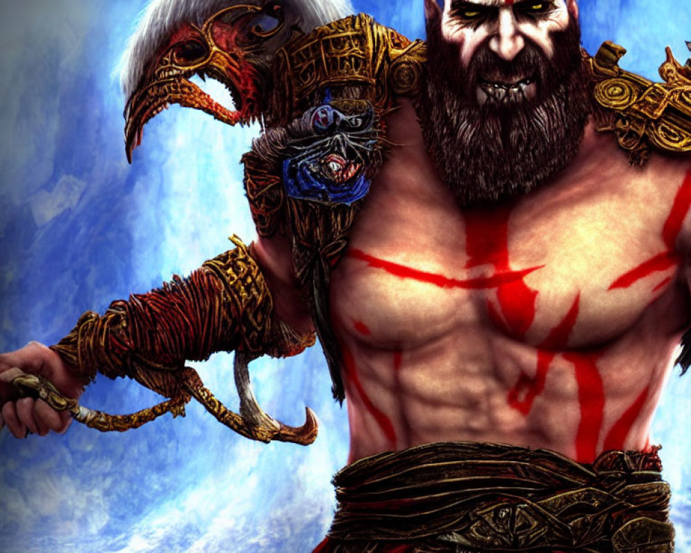 Muscular character in red body paint and golden armor holding eagle head bladed weapon