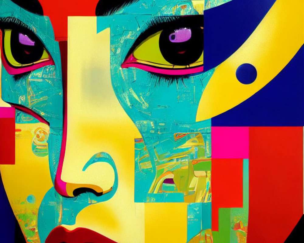 Colorful abstract portrait with geometric shapes and prominent eyes and lips