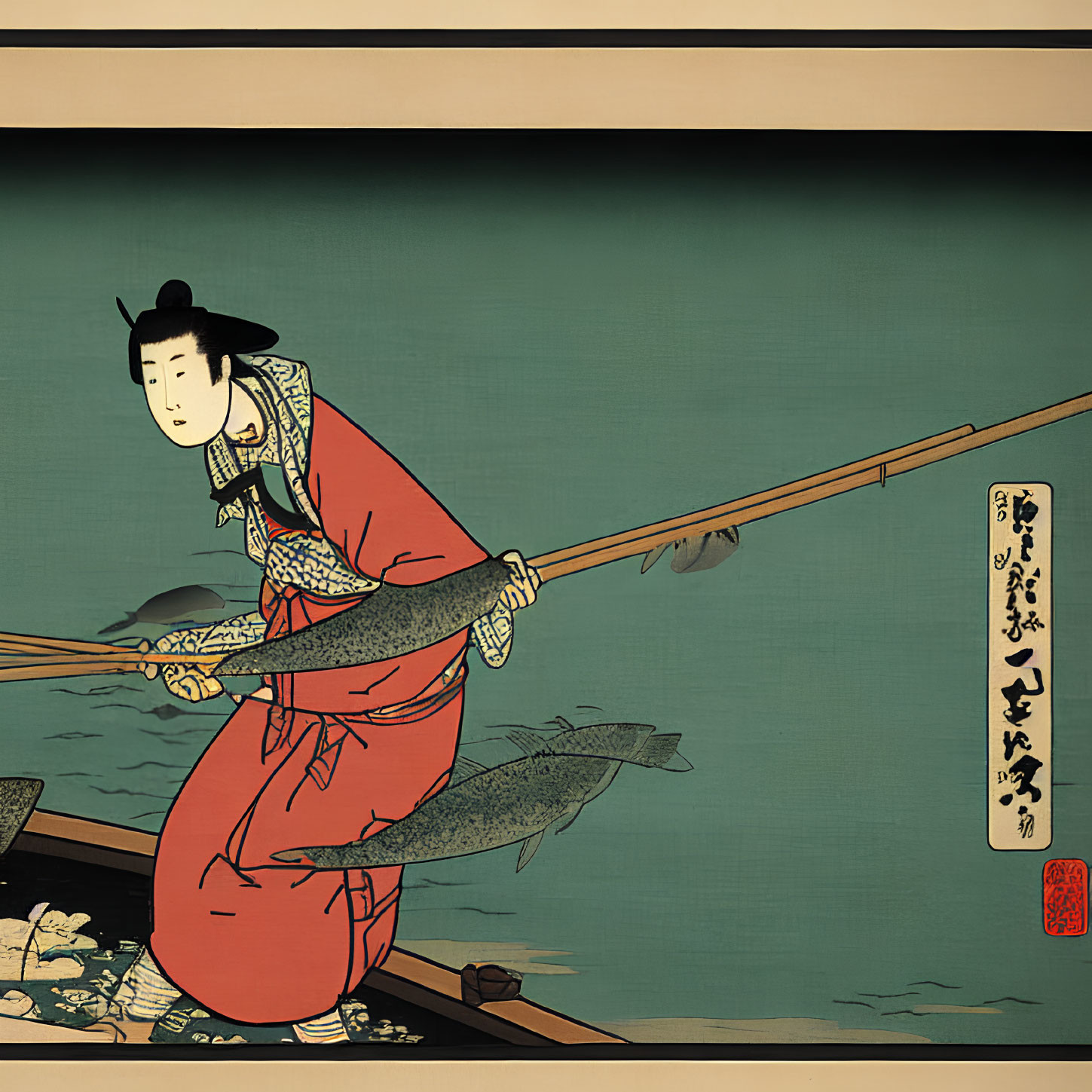 Japanese Woodblock Print of Person Fishing in Red Robe from Boat