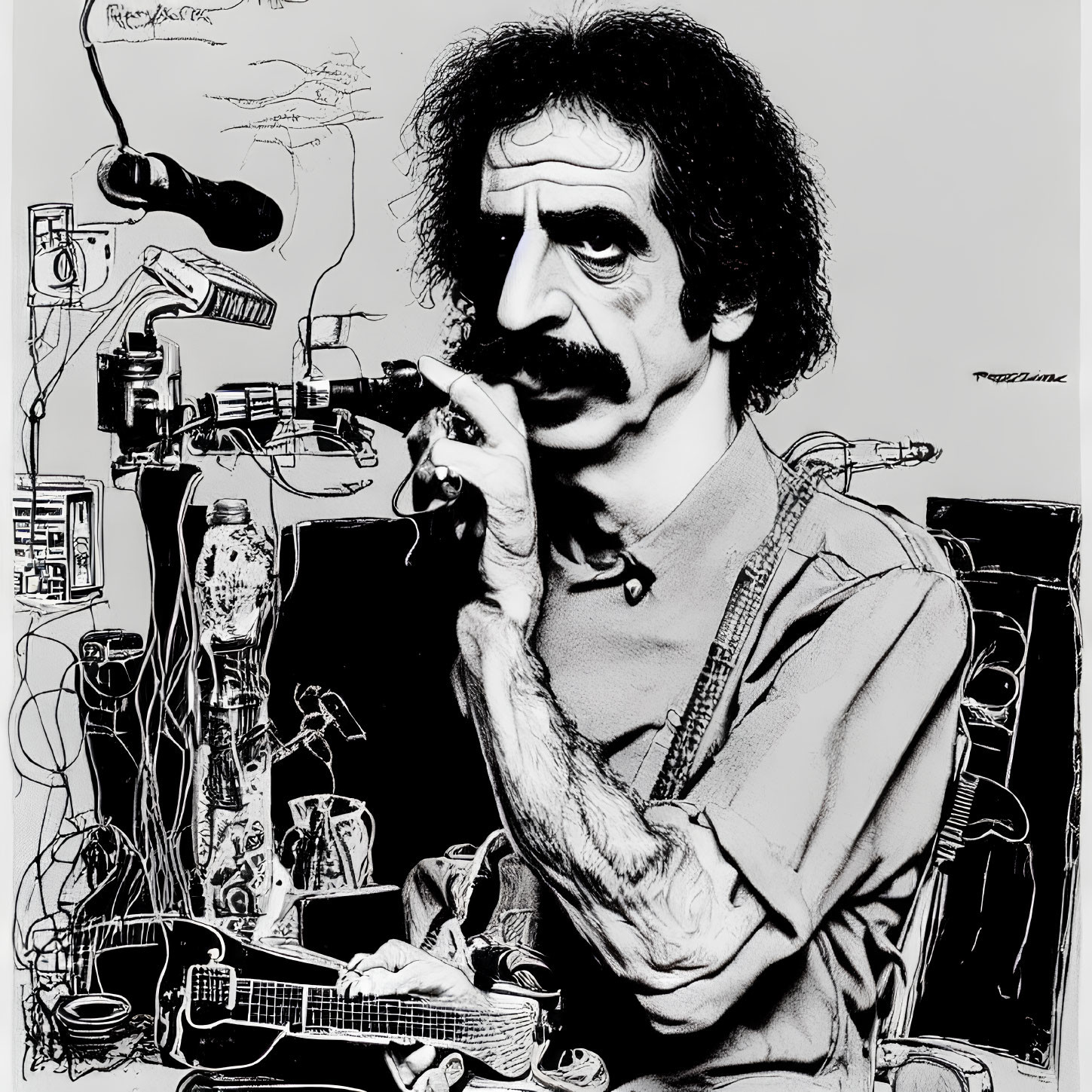 Musician caricature with mustache, microphone, guitar, and electronics