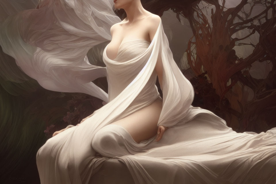 Ethereal artwork of serene woman in flowing white fabric amidst twisted tree branches