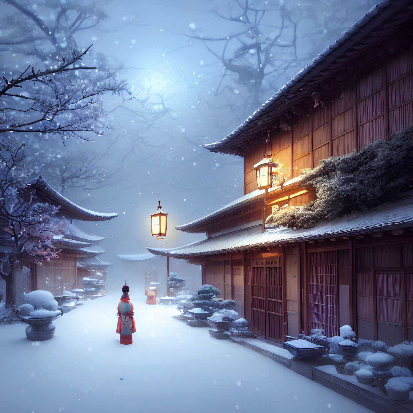 Traditional Japanese house courtyard scene with person in snowy attire