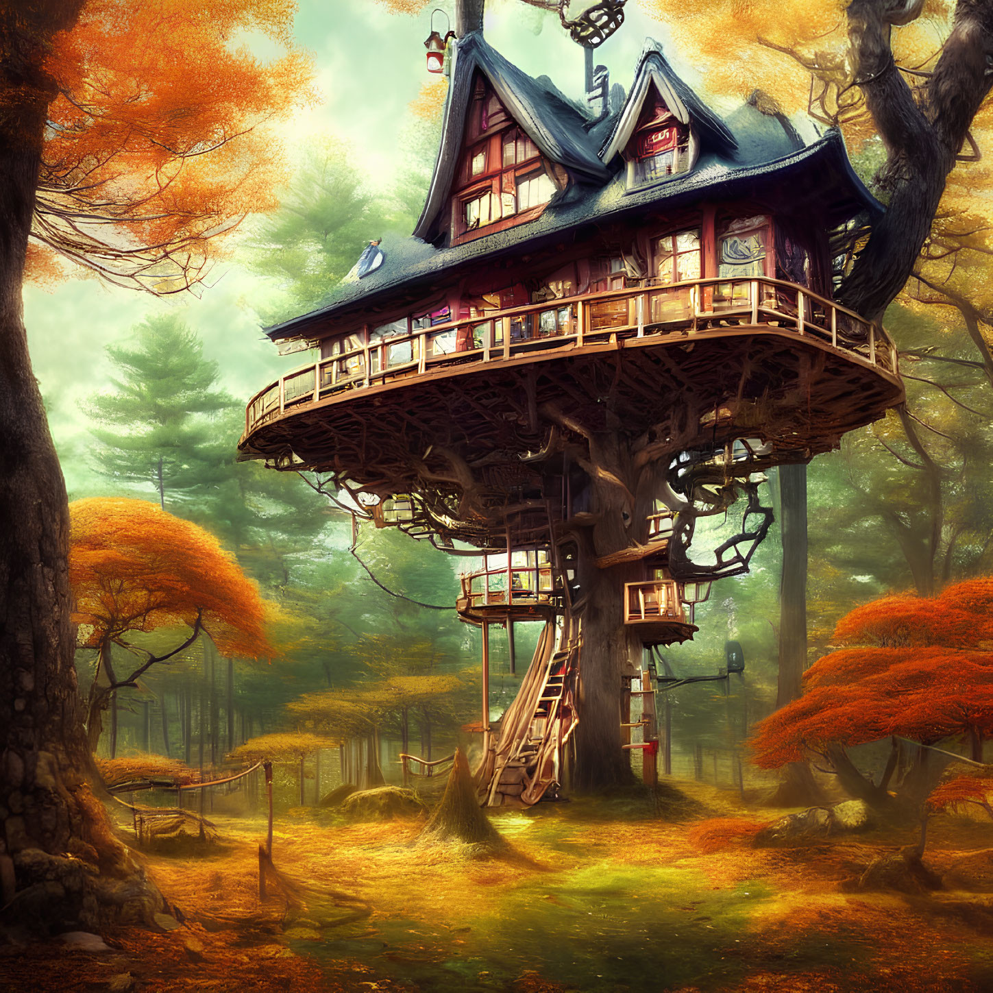 Ornate whimsical treehouse in autumnal forest