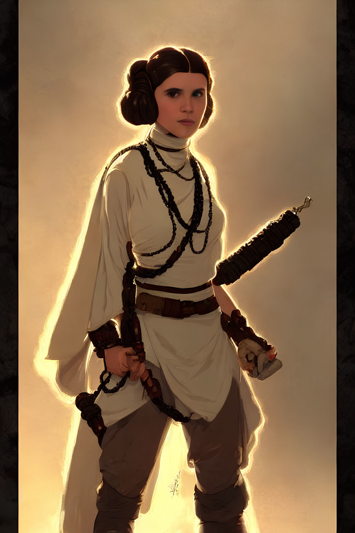 Woman in white outfit with twin buns hairstyle holding blaster in determined stance