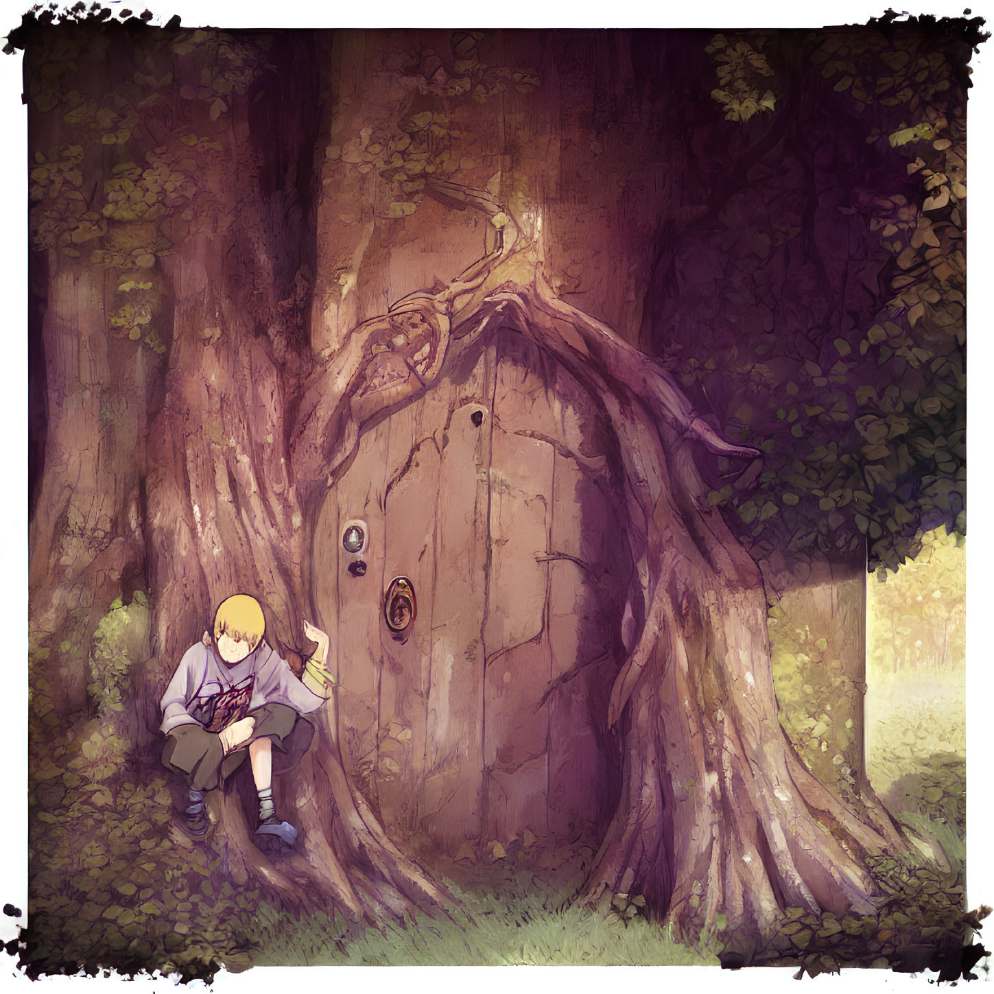 Person reading book beside mystical door in forest clearing