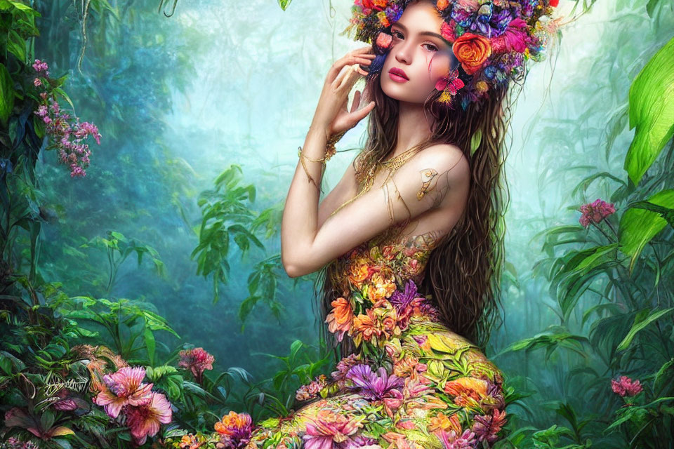 Woman adorned with vibrant flowers in lush, mystical forest