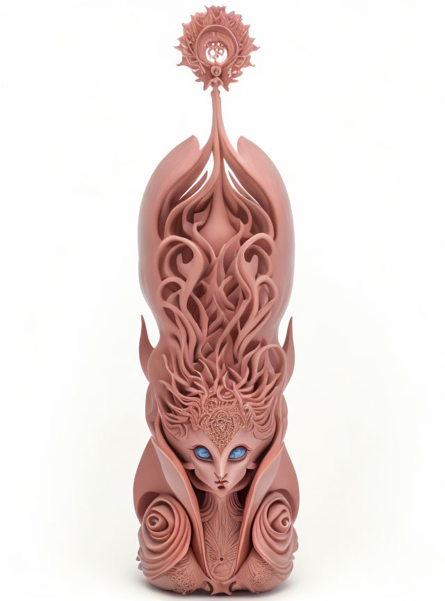 Intricate terracotta sculpture with serene face and lotus crest