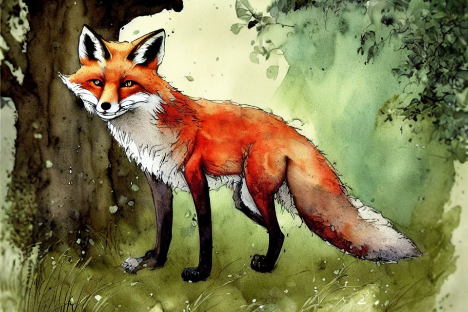 Detailed Watercolor Illustration of Red Fox in Forest