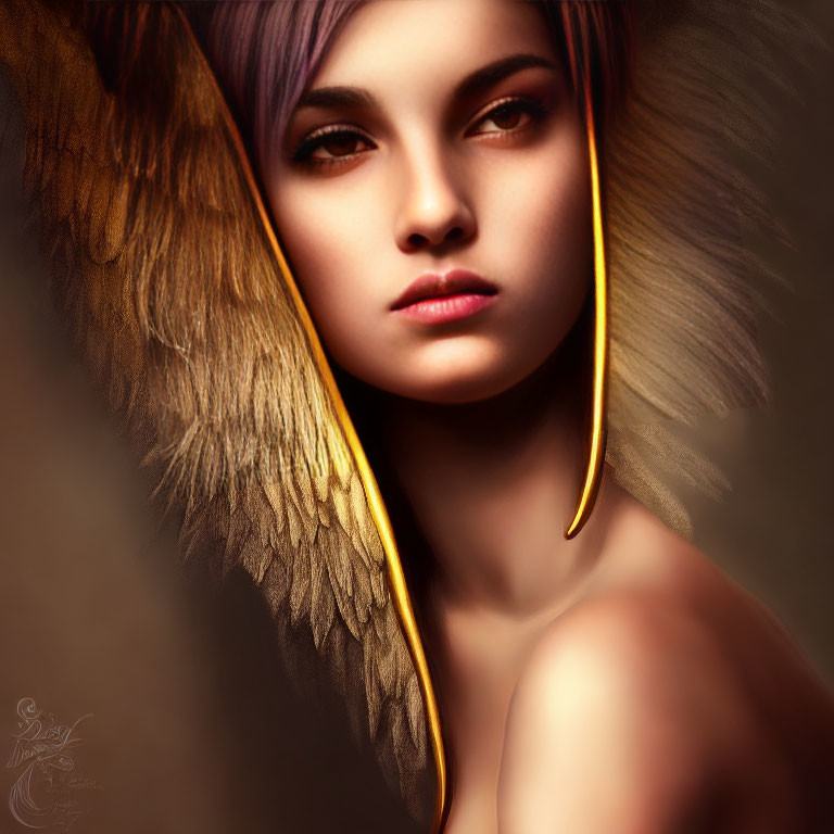 Contemplative person with golden feathered wings on dark background