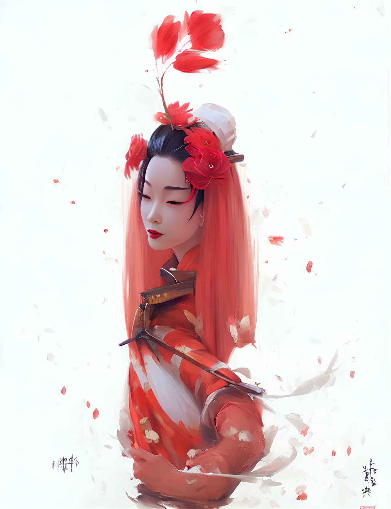 Traditional red attire woman with pink hair and flowers illustration