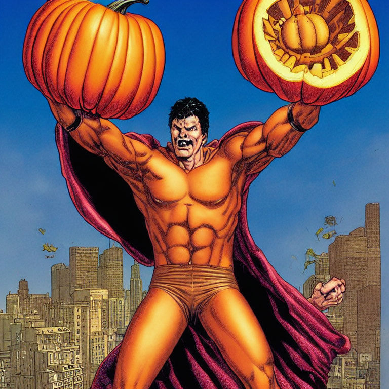 Muscular superhero in red costume lifts giant carved pumpkins in cityscape.