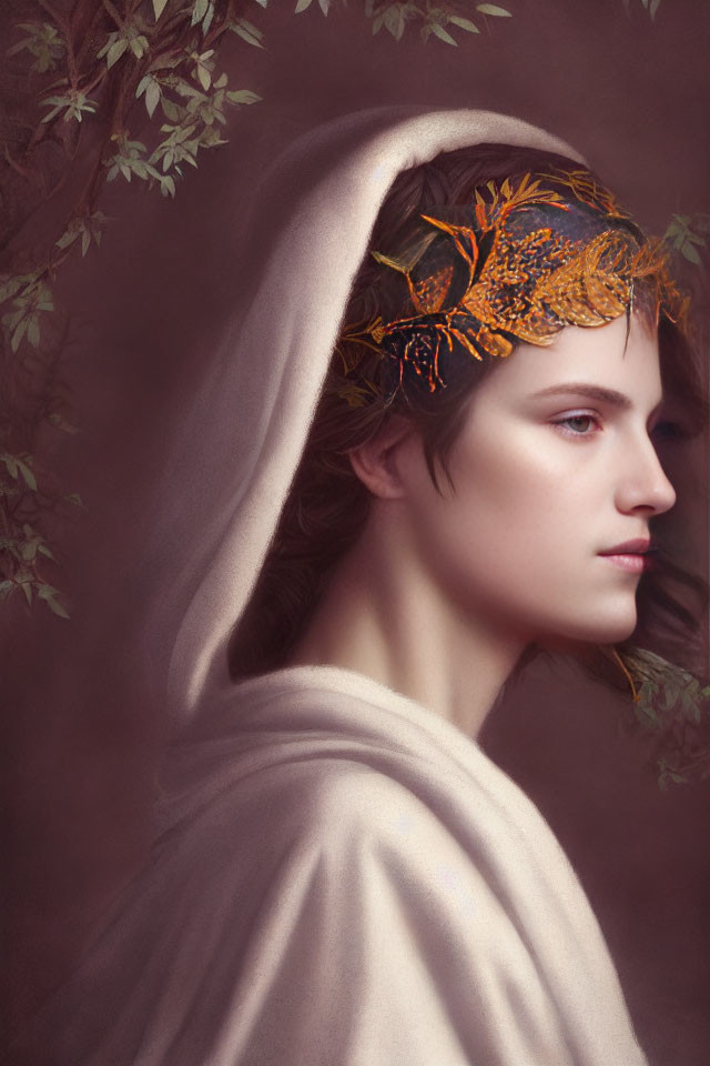 Elegant woman with autumn headpiece in serene botanical setting