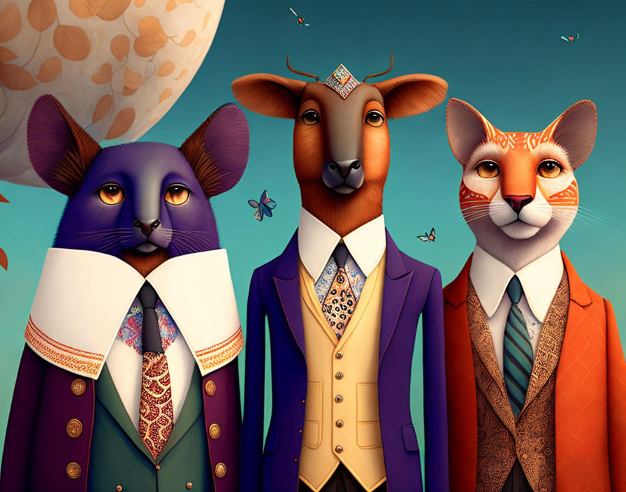 Anthropomorphic animals in purple cat, deer, and orange fox suits pose confidently on teal backdrop