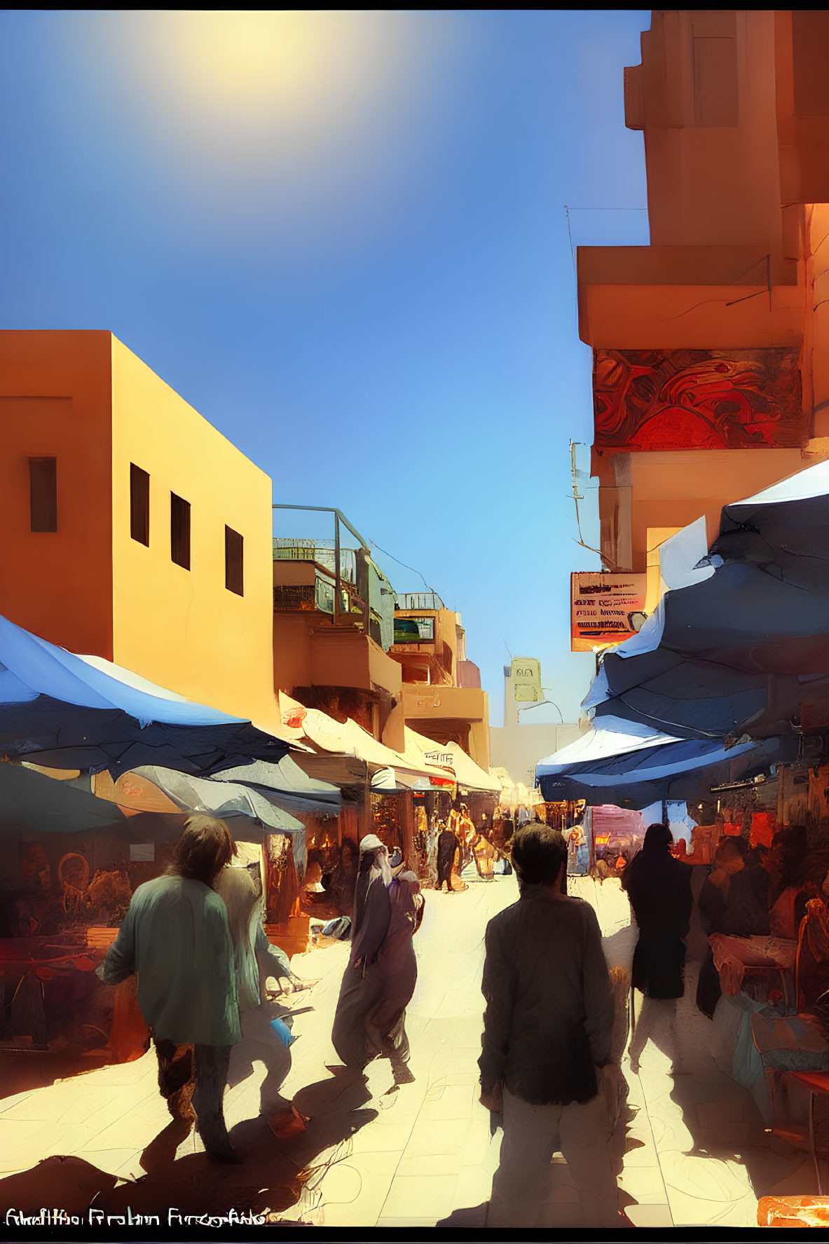 Vibrant market street with blue canopies and warm-toned buildings