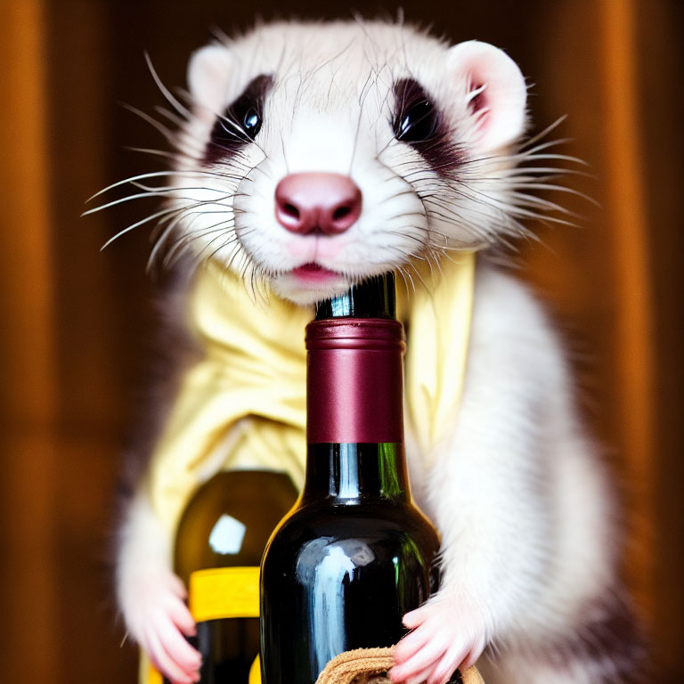 Curious ferret in yellow outfit hugs wine bottle, looking at camera.