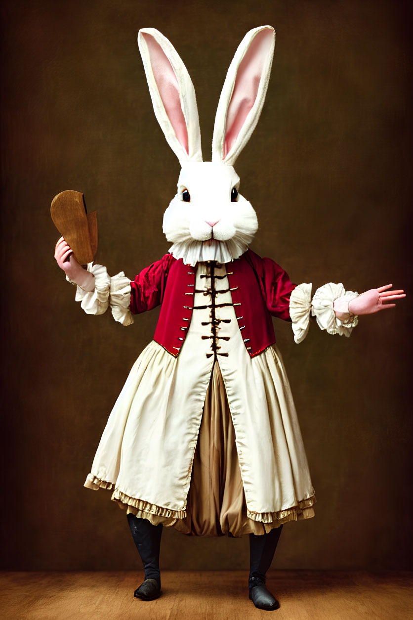 Elaborate Rabbit Head Costume with Red Coat and White Sleeves