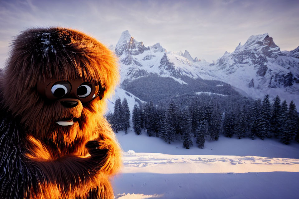 Brown furry creature in snowy alpine landscape at sunrise or sunset