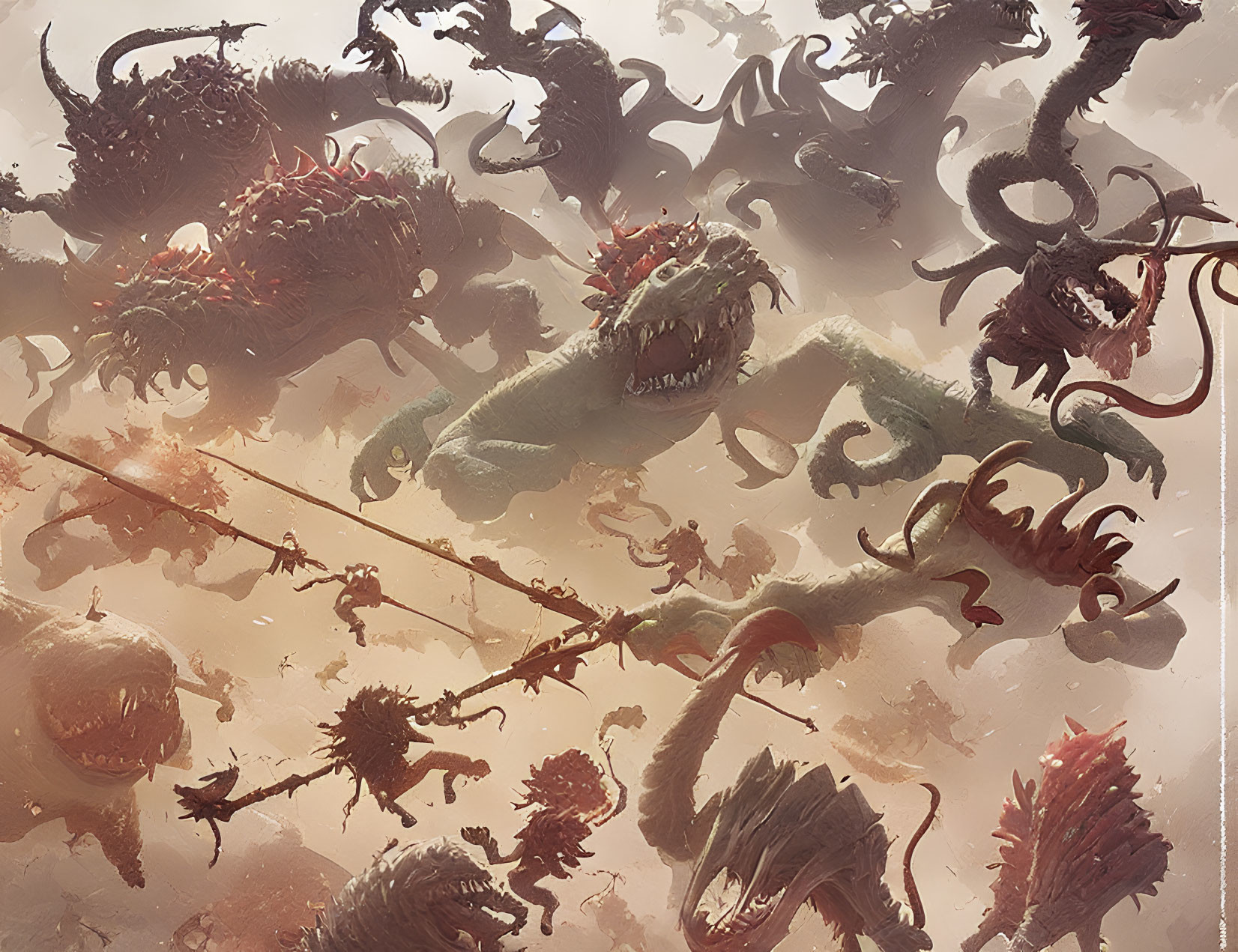 Monstrous creatures and warriors in chaotic battle scene