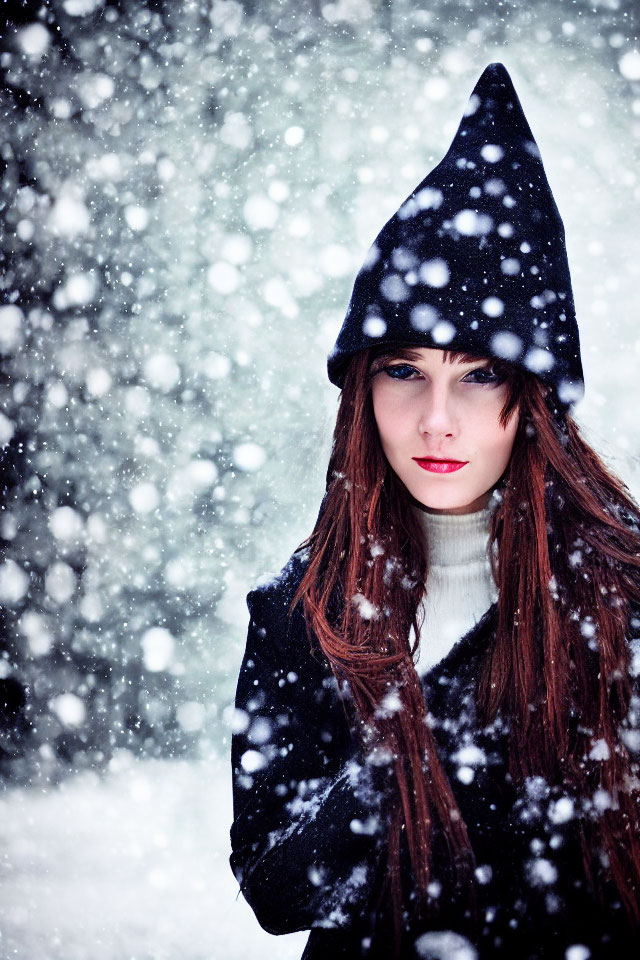 Woman in Black Coat with Red Lips and Hair in Falling Snow