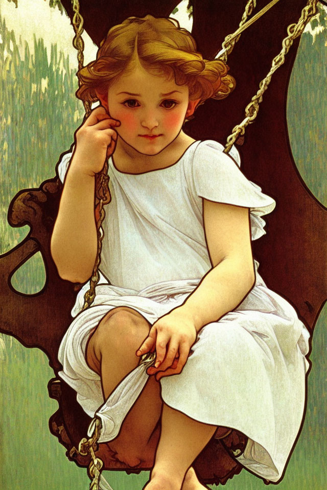 Vintage illustration of young girl on swing in contemplative pose among greenery