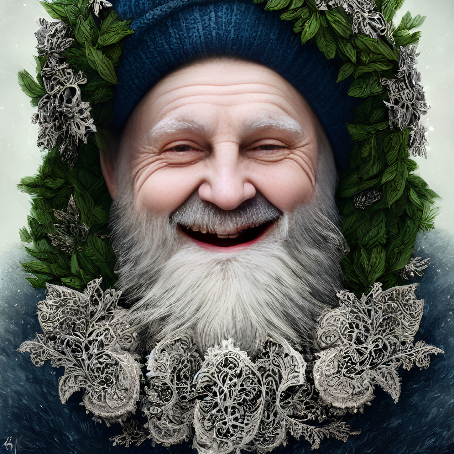 Elderly man in blue beanie with lace and foliage frame