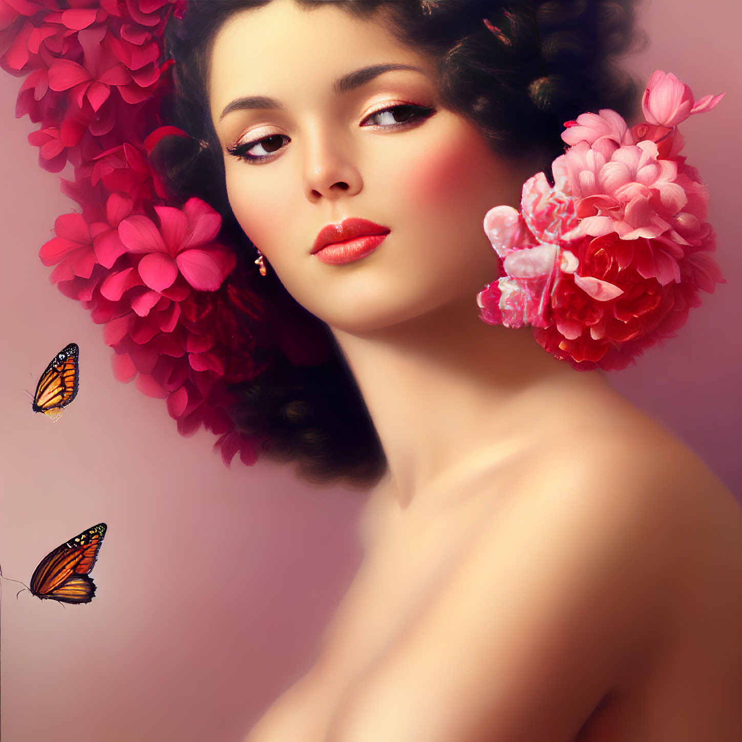 Dark-Haired Woman with Pink Flowers and Butterflies on Pastel Background