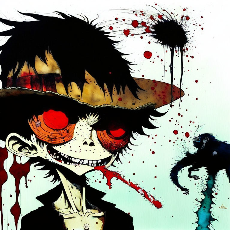 Stylized character with red eyes and straw hat, ink splatter effects, dark bird-like creature