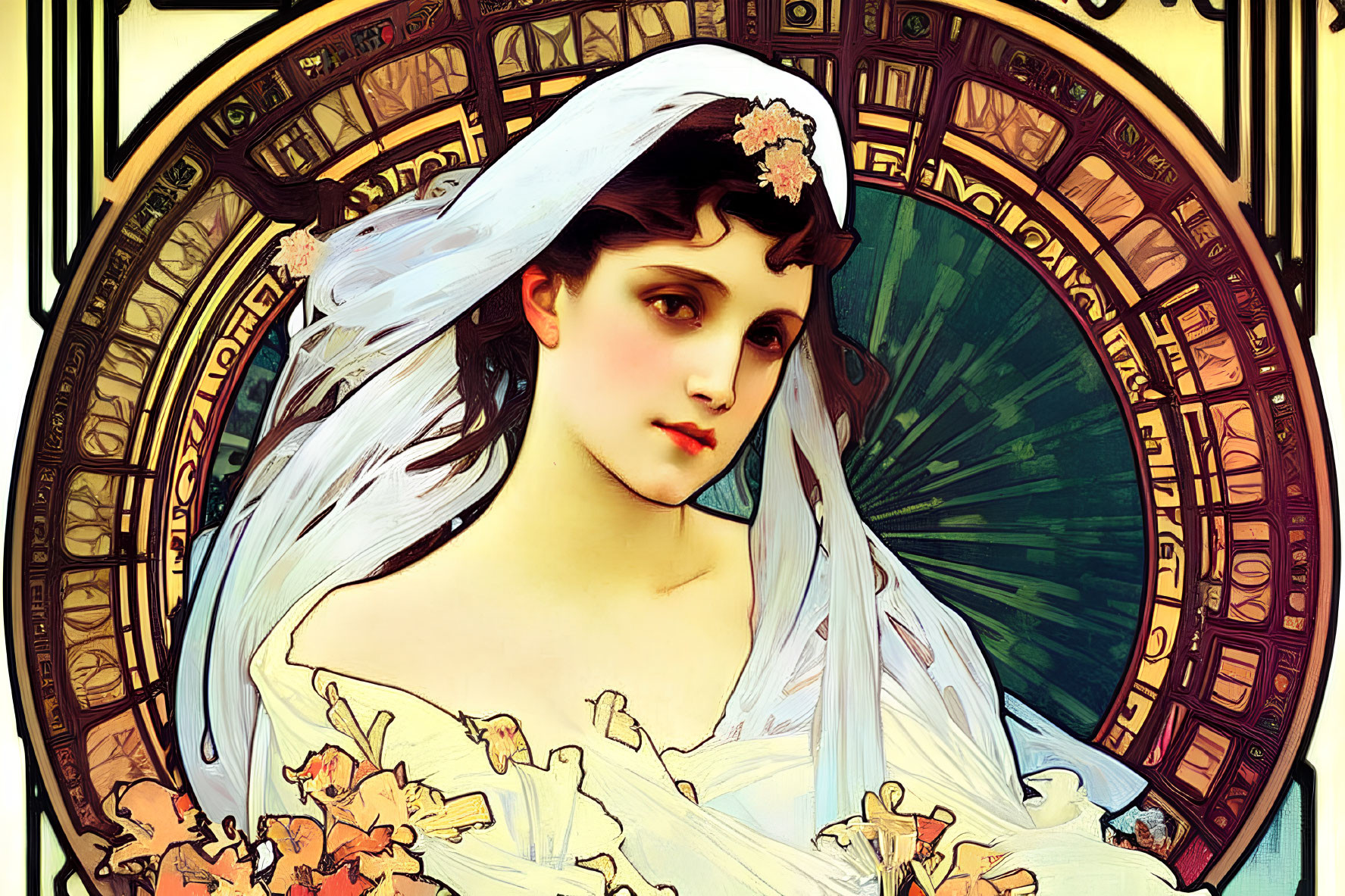 Stylized Art Nouveau woman with flowing veil in warm color palette