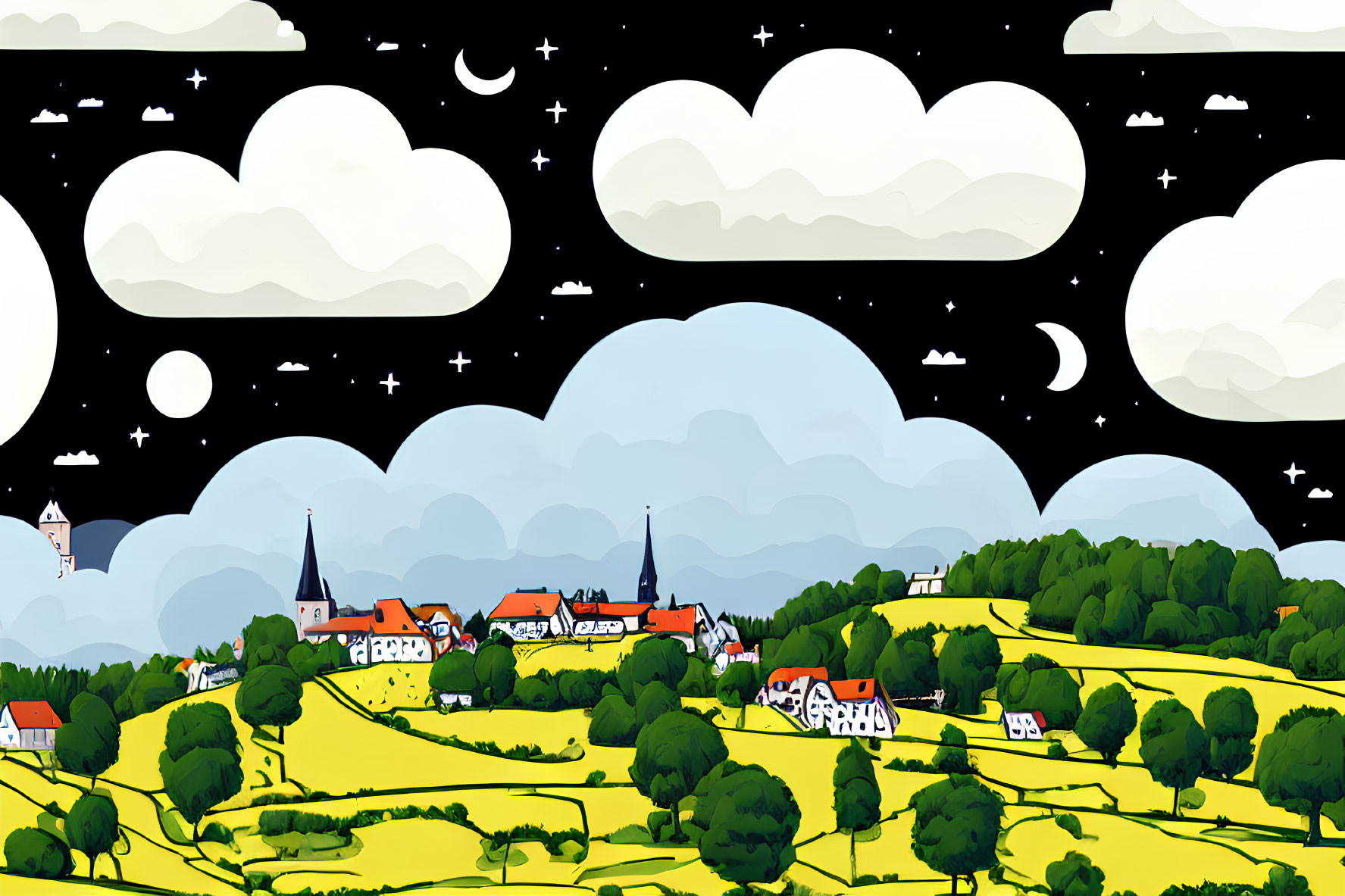 Illustrated nighttime village scene with crescent moon and starry sky