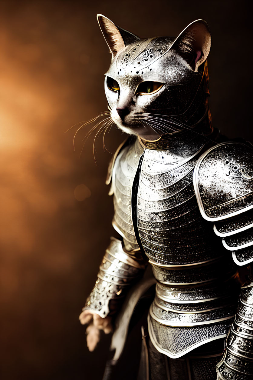 Anthropomorphic Cat in Detailed Medieval Armor on Dark Background