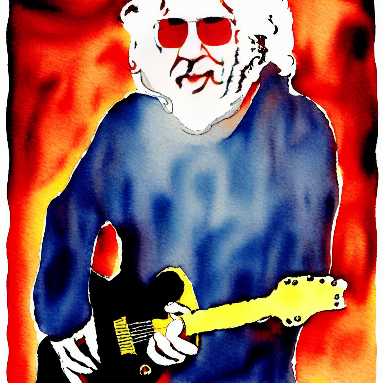 Vibrant watercolor portrait of person with white hair playing guitar