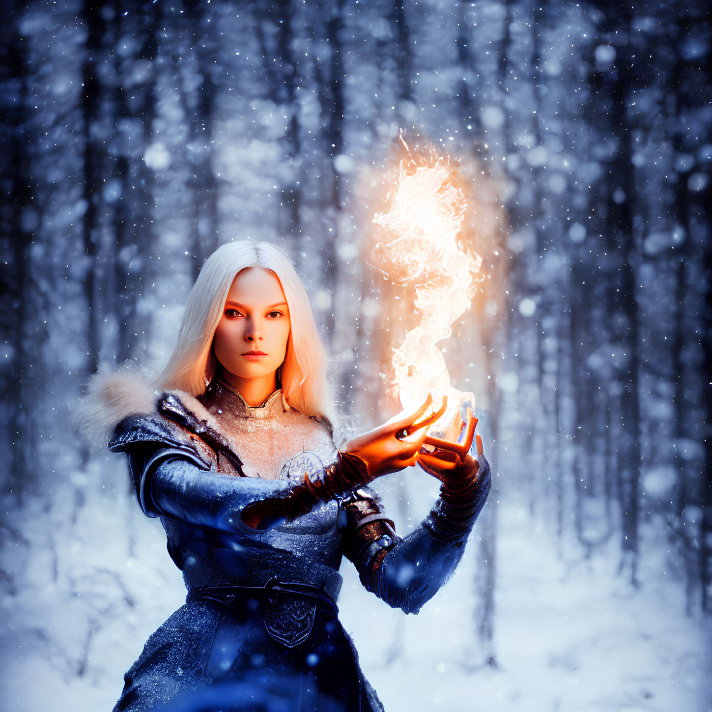 White-haired figure in medieval attire wields fire in snowy forest.