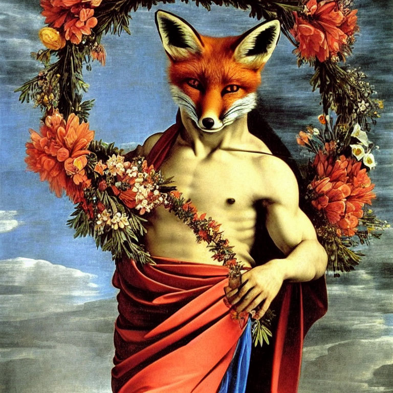 Surreal painting: Human figure with fox head in floral wreath on blue background