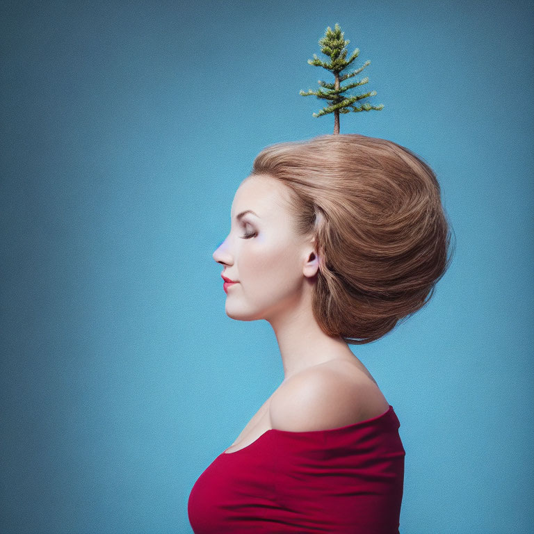 Woman in Red Dress with Pine Tree Hair in Blue Background