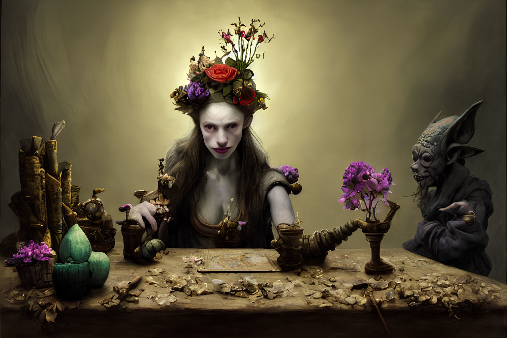 Mystical scene featuring pale woman, goblin creature, candles, map, and purple flowers