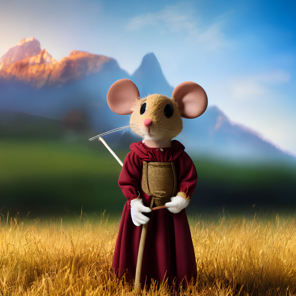 Mouse in red cloak with sword in mountain field