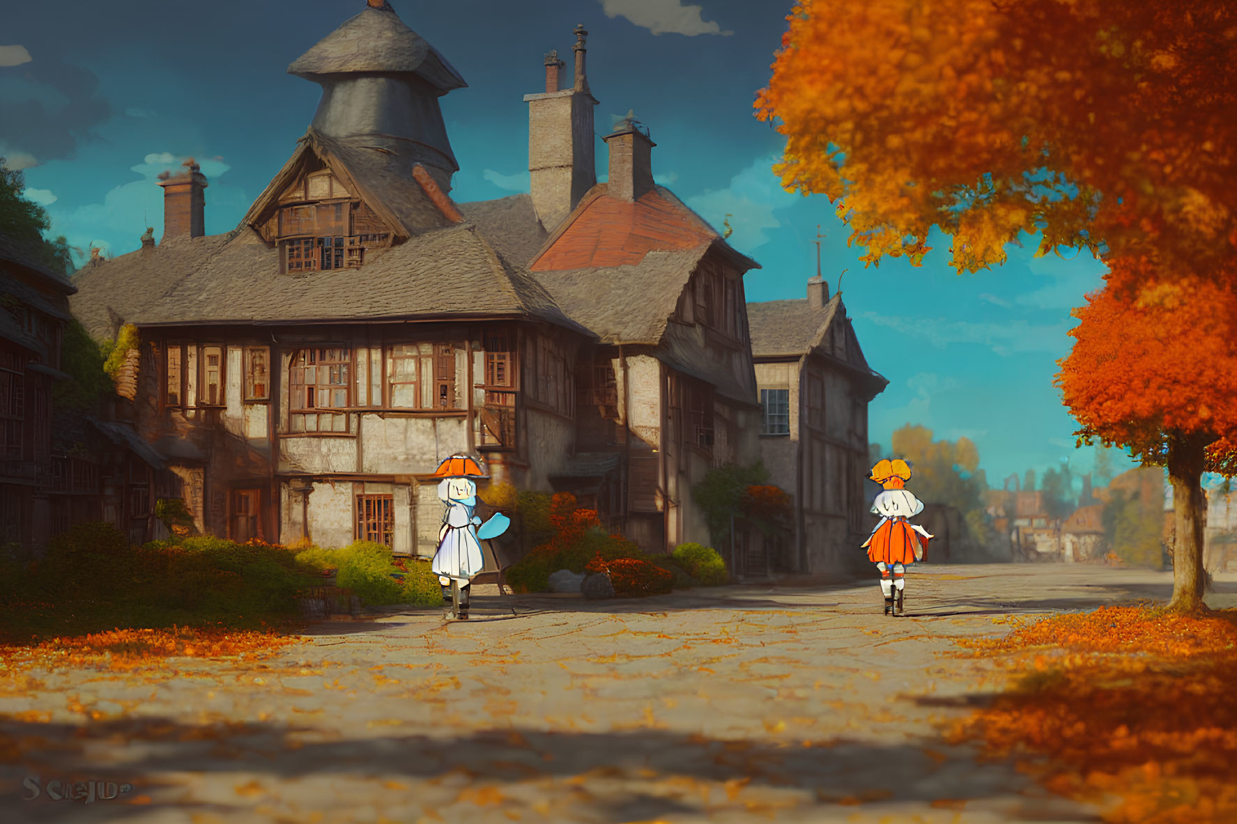 Two girls in aprons and bows stroll in a charming autumn village.