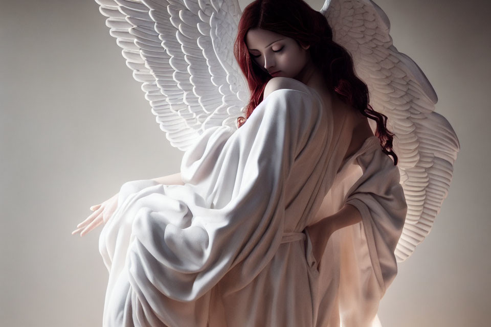 Ethereal figure with white wings and red hair in peaceful pose