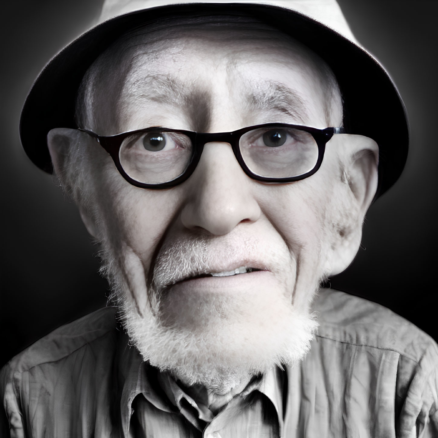 Elderly man with glasses, white beard, and hat in black and white portrait