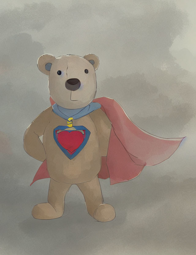 Teddy Bear Drawing with Cape and Blue Scarf on Cloudy Background